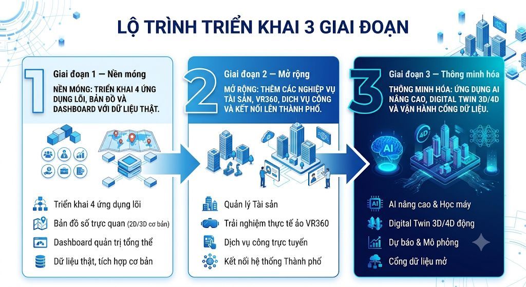 Lộ trình triển khai OmniTwin 3 giai đoạn: Nền móng, Mở rộng, Thông minh hoá